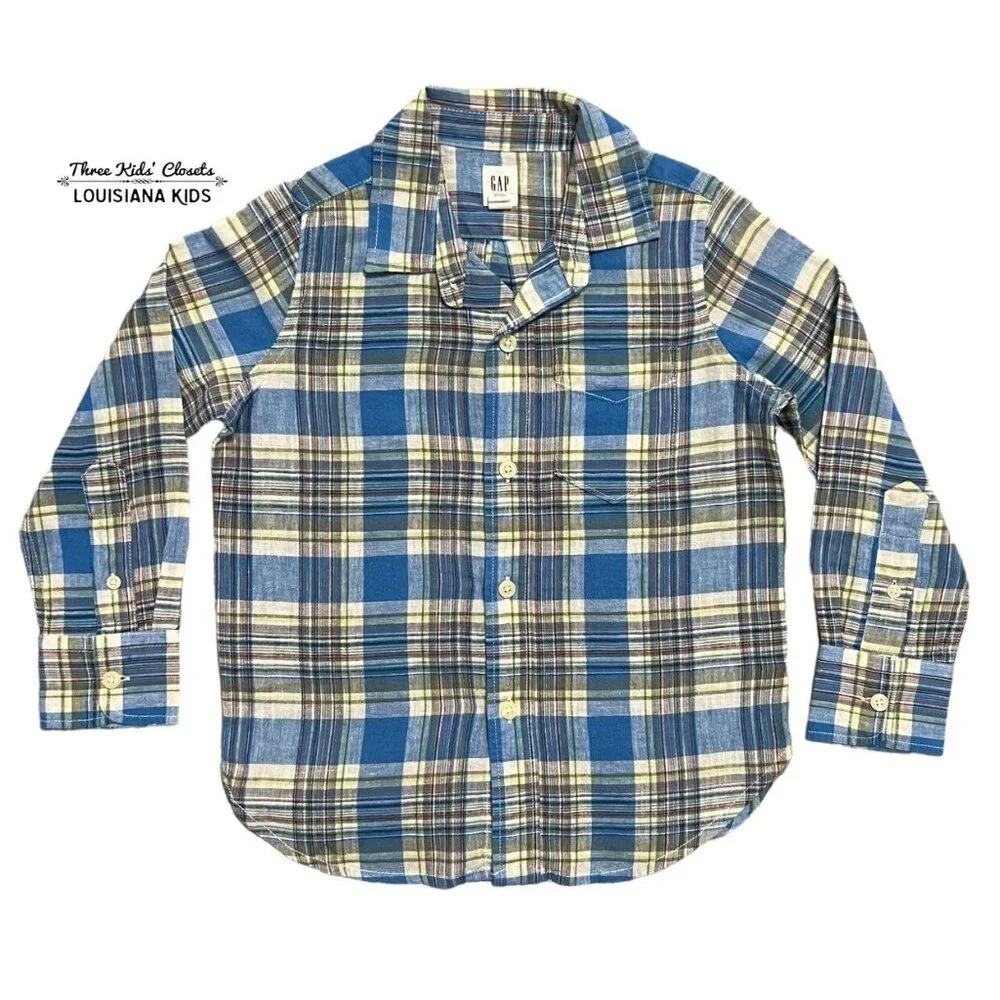 Gap Kids XS 4-5Y Plaid Linen Blend Button Down Shirt